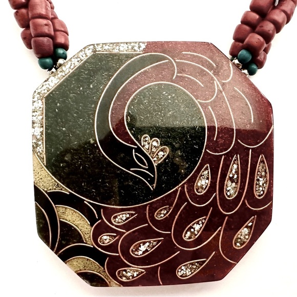 Exotic Peacock Pendant with Layered Wood Beads Necklace - Picture 5 of 8